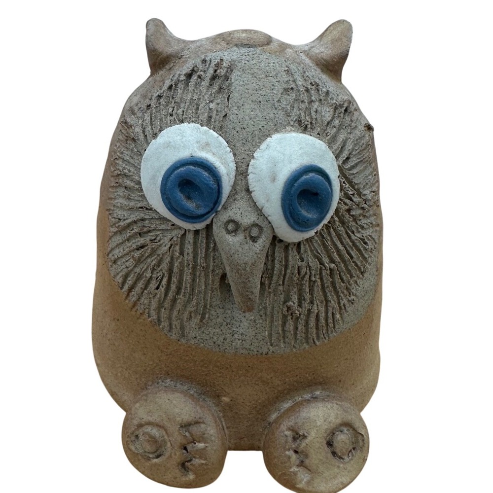 Vintage Studio Pottery Owl whimsical Handcrafted Stoneware Folk Art Blue Eyes